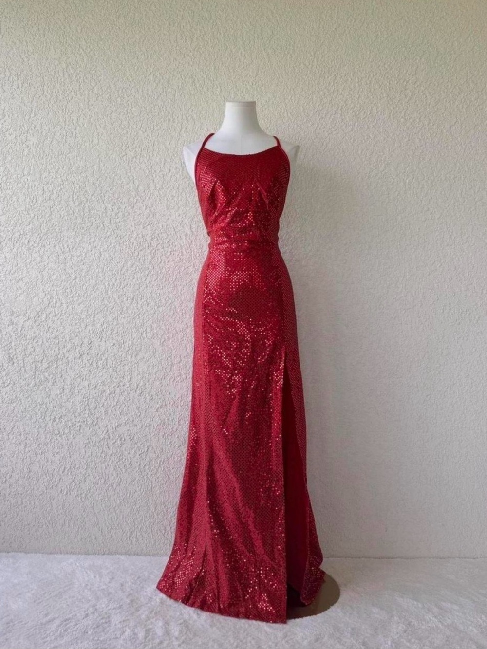 Red Sequin Halter Evening Gown